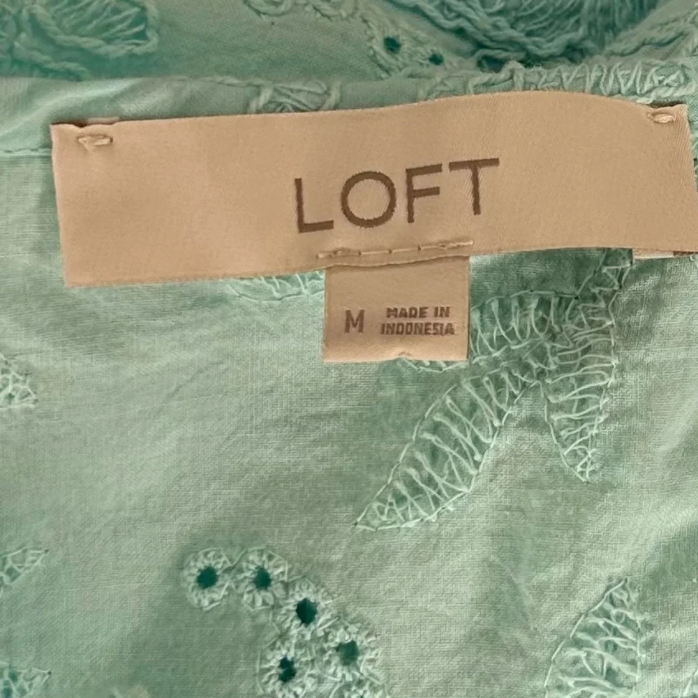 LOFT Light Aqua Blue Eyelet Embroidered Blouse Size M - Picture 8 of 11